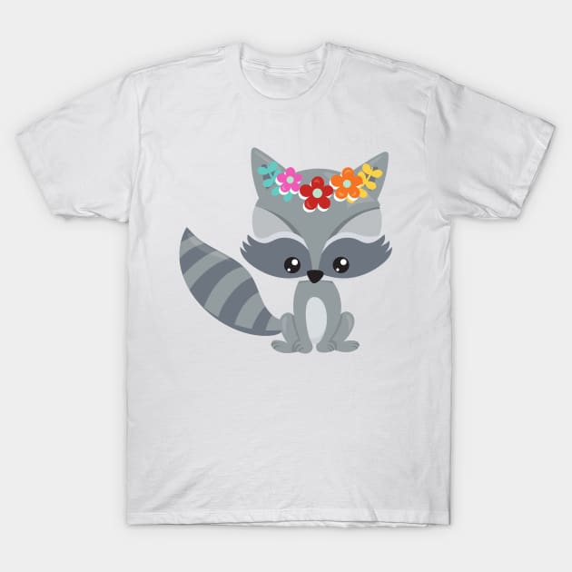 Spring Animals, Cute Raccoon, Colorful Flowers T-Shirt by Jelena Dunčević